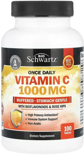 바이오슈워츠 BioSchwartz 하루 한 번 복용 비타민C 중성 위를 자극하지 않음 바이오플라보노이드 및 로즈힙 함유 100정120845원산지:기타, 1개 - 쿠팡