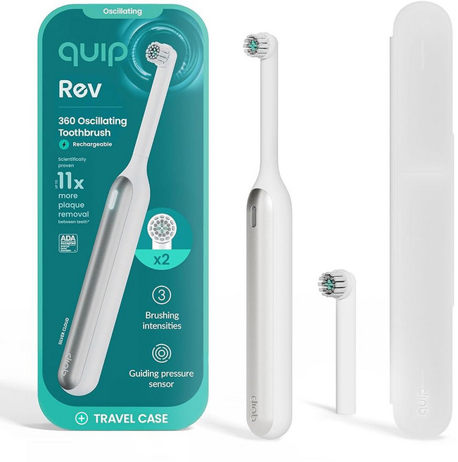[포르르] 추가 브러시 헤드가 있는 Quip Rev 진동 충전식 전동 칫솔 - 부드러운 칫솔 압력 센서 3가지 강도 30일 배터리 수명 2분 타이머 여행 케이스 미러, Silver Cloud, 1, 1