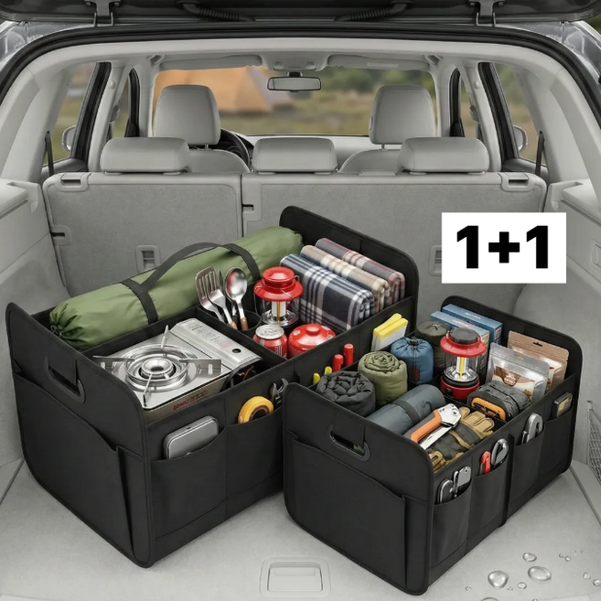 1+1 접이식 자동차 트렁크 캠핑 정리 수납함, 블랙