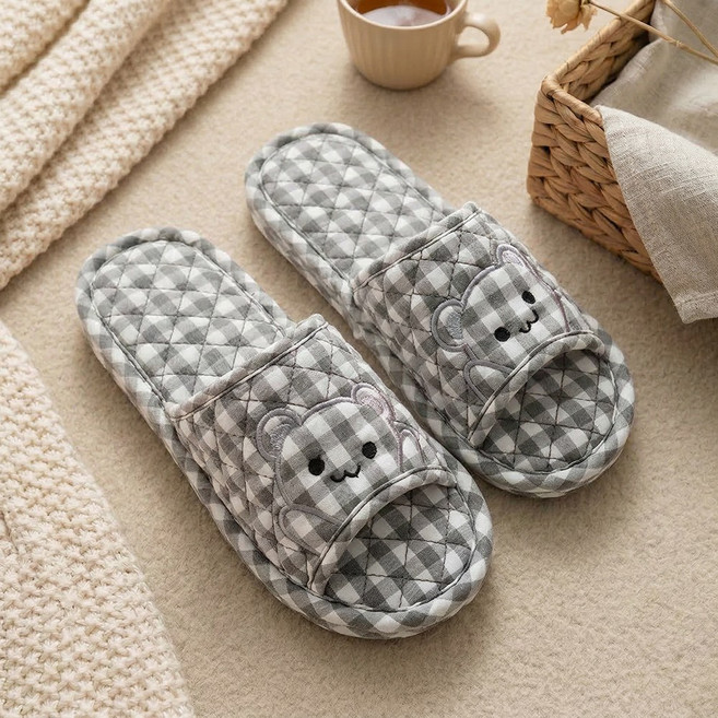 마메 홈 3중쿠션 층간소음방지 귀여운 아기곰 면 슬리퍼, 그레이, 1개