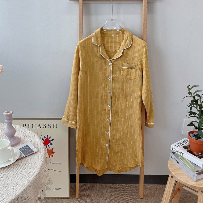 릴리앤로사 긴팔 요루면 거즈 롱 원피스 스트라이프 임부 수유 잠옷 파자마