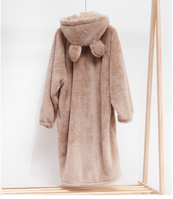 超柔軟小熊造型珊瑚絨睡袍 居家保暖長版浴袍 咖啡色/米白色