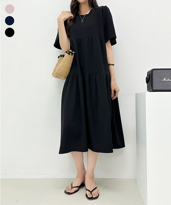 블레스유 여성용 캉캉 플레어 퍼프 반팔 롱 원피스 스판 쫀쫀 빅사이즈 무지 A라인 오버핏 라운드넥 링클프리 구김없는 소재 임산부 임부복