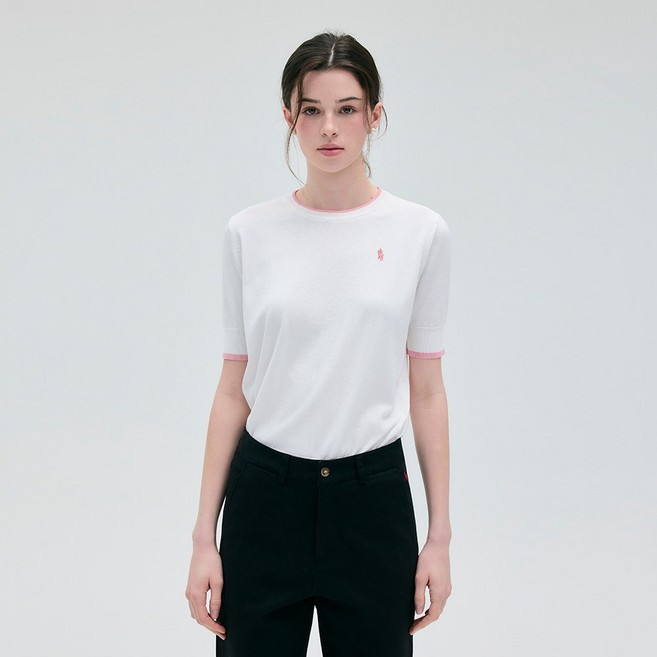 라파클럽 여성 배색 라운드넥 반팔 니트 스웨터 여름 자수 로고