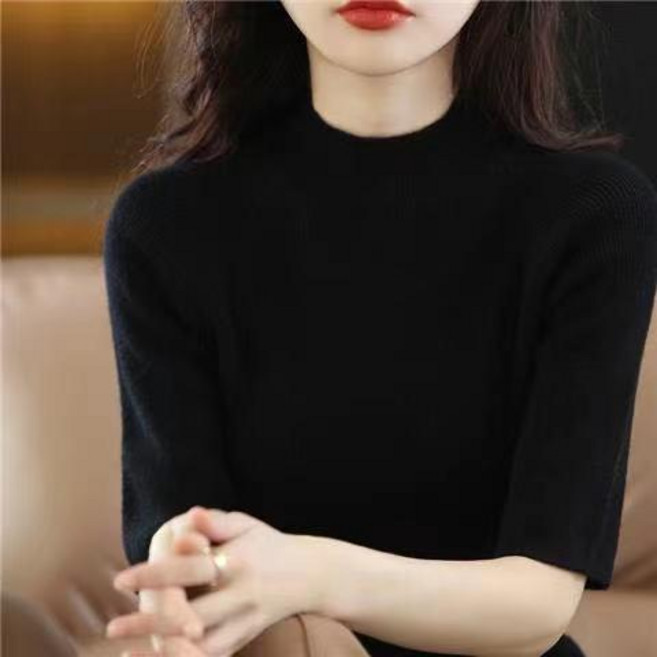 半高領五分袖針織衫 女式百搭打底外穿上衣