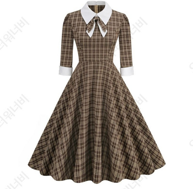 경성원피스 개화기 레트로 목라인 리본타이 플레어 체크 원피스 경성의복 졸업사진 개화기코스프레 복고풍 긴팔 2color