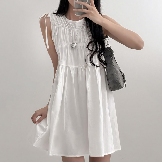쪼예 어깨 리본끈 발레코어 셔링 캉캉 민소매 미니 원피스