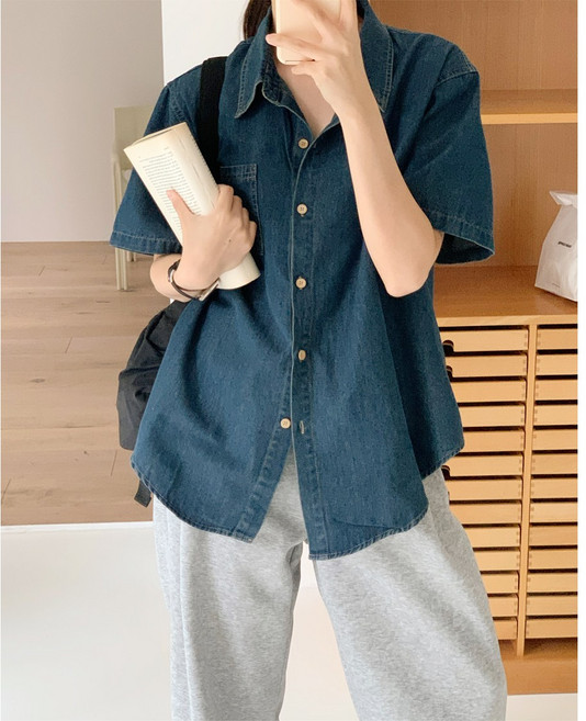 [S~2XL사이즈#11만장누적판매]여성 캐주얼 반팔 데님셔츠 루즈핏 빅사이즈