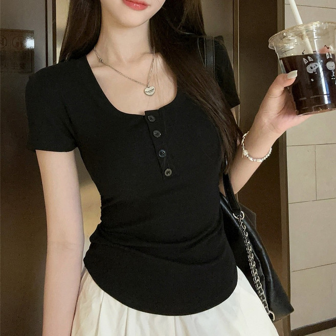 cammello 잔골지 웨이스트 셔링 헨리넥 반팔티 슬림핏 반팔 티셔츠