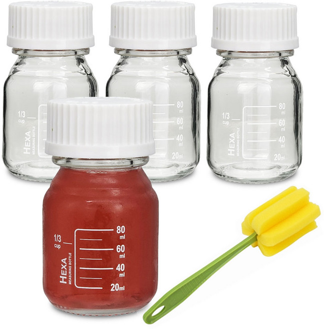 미르코리아 헥사 눈금 유리병 100ml x 4p + 전용 병솔 세트, 1세트