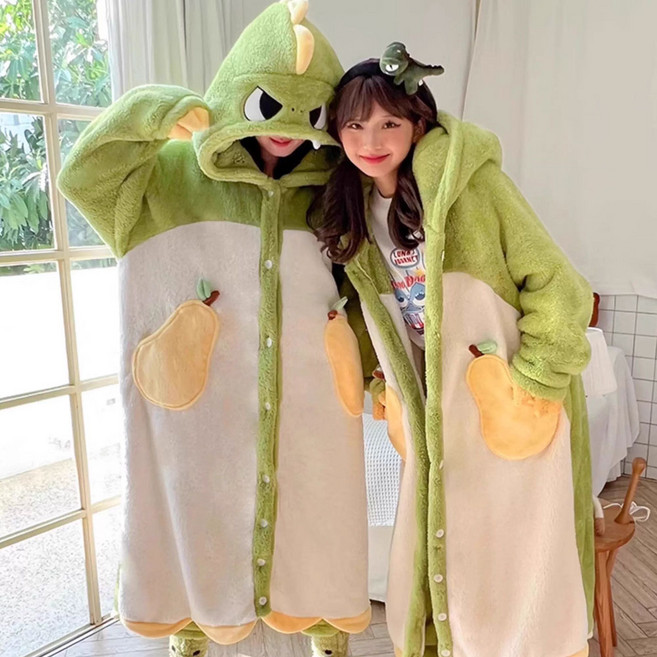 ROUGH DIA_졸리 동물 캐릭터 후드 극세사 원피스 잠옷