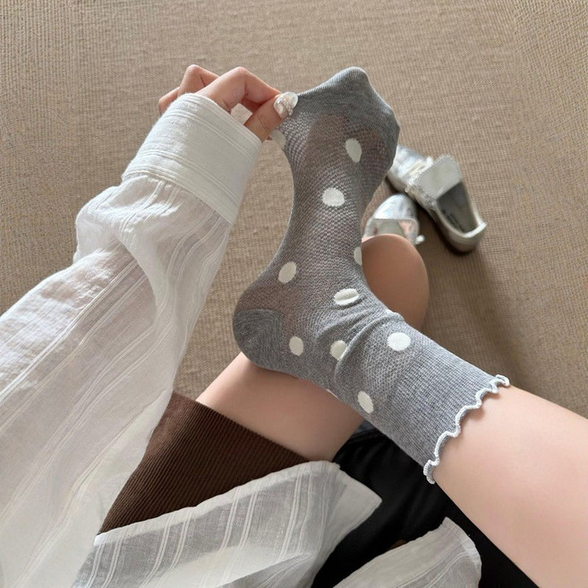 韓系花邊圓點網眼透氣襪子女 夏季薄款中筒襪