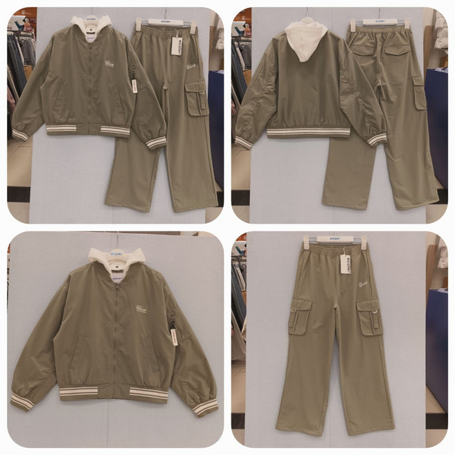 [에꼴리에] 25년 봄신상! #대박세일~ 항공점퍼+카고 바지 세트# 주니어 여아용! 단정 깔금하면서 멋스럽고 편안하며 활동적인 연카키 셔링 항공점퍼+스트랩 빅카고 와이드바지 셋업