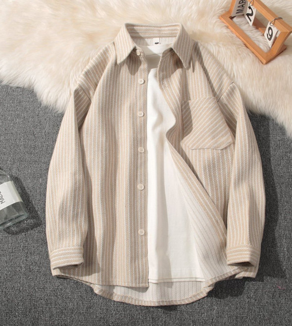 2025春秋新款男士條紋襯衫日系復古風寬鬆大碼翻領帥氣長袖襯衣男