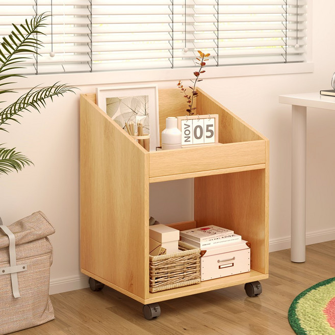 SPEEDBOX 다용도 2단 이동식 바퀴형 책장 수납선반, 원목색