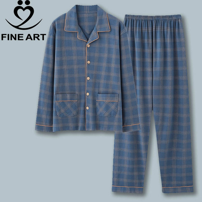 FINE ART 남성 빅사이즈 춘추 잠옷 긴팔 루즈핏 체크 컴포트 홈웨어 남자 잠옷