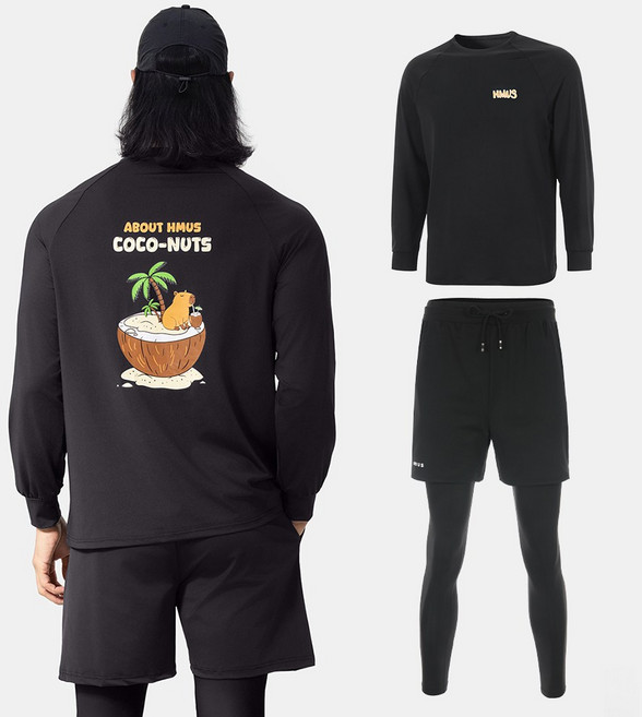 남자 루즈핏 긴팔 래쉬가드 상의 + 반바지 레깅스 하의 팬츠 세트 비치웨어 체형커버 자외선차단 휴양지 바캉스룩