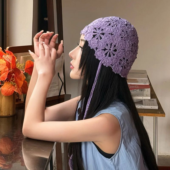 여성 니트 모자 캐주얼 여자 비니 모자 두거 빈티지 손뜨개 플라워 모자 펀칭 니트 비니 CJJ