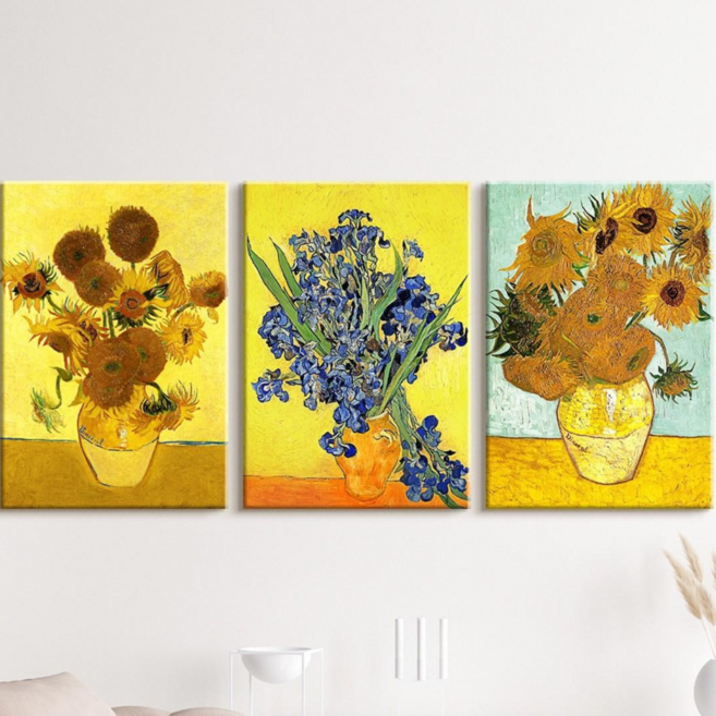 더 아트 컴퍼니 명화그림 고흐 모네 클림트 마티스 르누아르 3세트 2세트 대형 거실 풍수 인테리어 명화 액자 집들이 개업 선물, 2. 고흐 - 3세트 해바라기와 붓꽃