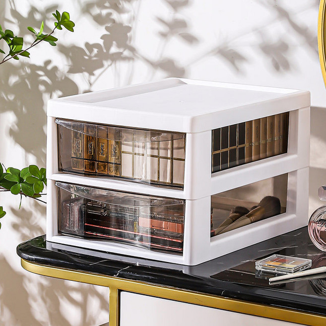 [항공배송] 인터넷 연예인 라이트 럭셔리 화장품 보관함 바닥 다층 보관함 데스크탑 서랍 립스틱 보석 보관 캐비닛, 두레이어[롤러없음디자인]