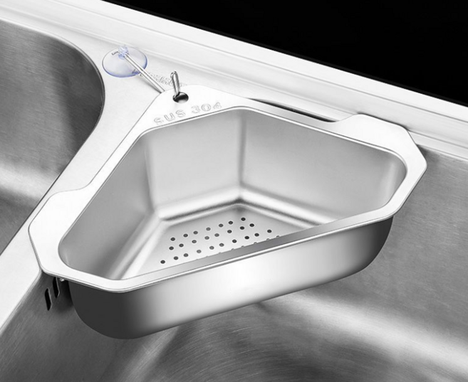 SHINGMEI 싱크대 물빠짐바구니 삼각 304 스텐 거름바구니 빨판 누수대, 스테인리스원색, 1개