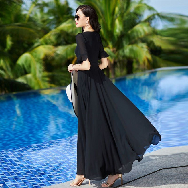 COSYEVNO 쉬폰 반팔 원피스 브이넥 허리밴딩 솔리드 여름 휴가철 롱스커트