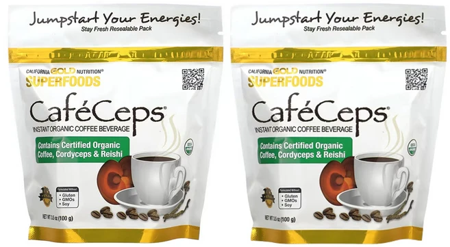 캘리포니아골드 뉴트리션 CafeCeps 유기농 인증 인스턴트 커피 동충하초 및 영지버섯 분말 함유 100g(3.5oz), 2개, 100g - 쿠팡