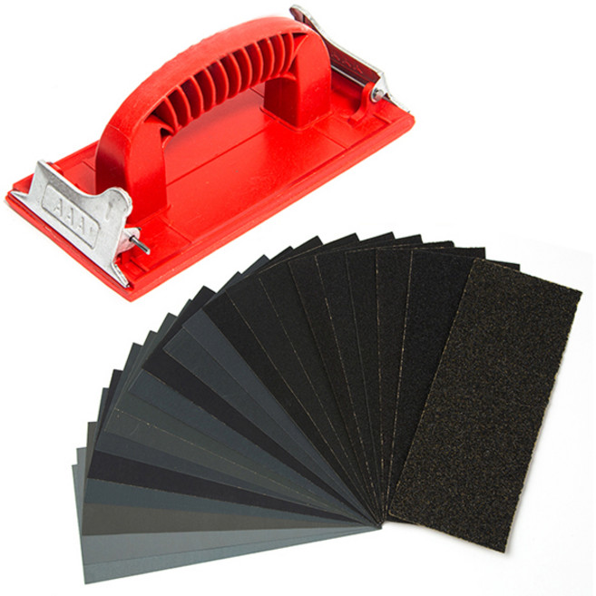 ZIO-BIZ 핸드사포 기본형 + 종이사포 21종 세트 / 사포 샌딩기 샌딩페이퍼 샌더기 손사포 사포대 연마지 페파 목공사포 사포세트 샌딩작업 사포밀대 목공용품 목공공구, 1세트