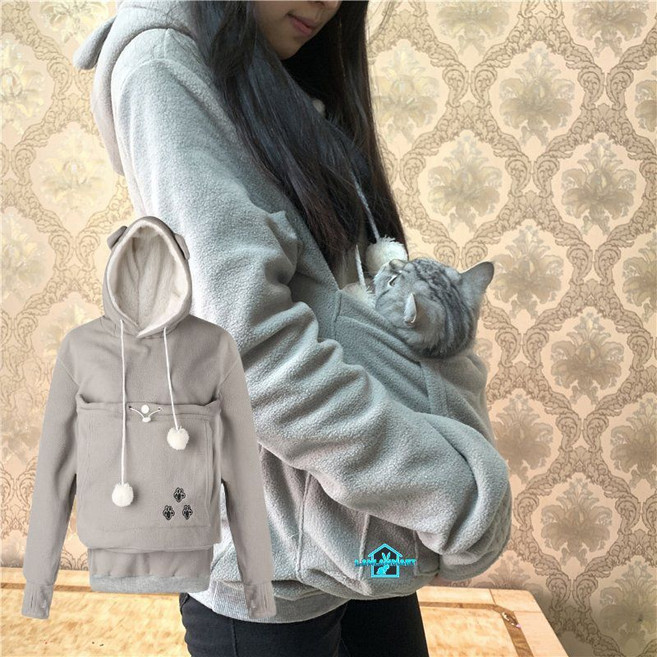 캥거루 후드티 반려동물 고양이 강아지 캥거루주머니옷 이동가방 포켓 강아지백팩, 그레이, 1개