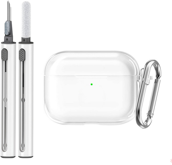 Seefer 에어팟 투명 TPU 케이스 변색방지 방수 내구성 보호 케이스 방진 스크래치 방지 내마모 에어팟 기본형 프로용 카라비너 세트 2in1 에어팟 청소 키트, 1개, 투명(케이스), 에어팟 프로