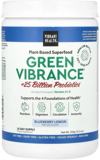 Vibrant Health Green Vibrance® +250억 프로바이오틱 버전 21.0 블루베리 레몬 292g(10.3oz) Health (바이브런트헬스), Vibrant Health, Green Vibrance, 1개, 292g - 쿠팡
