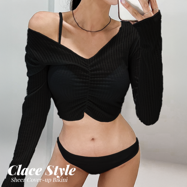 클레이스 시스루 커버업 비키니 세트, 블랙