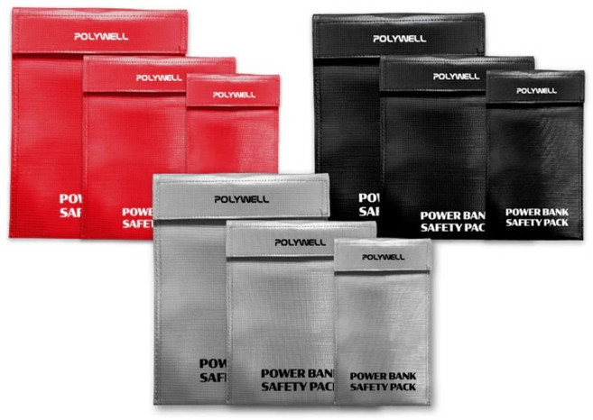 POLYWELL 行動電源安全收納袋 鋰電池防爆袋 絕緣保護 防火阻燃 耐高溫 各類電池適用 寶利威爾, 1個, 灰色,18 × 23 cm