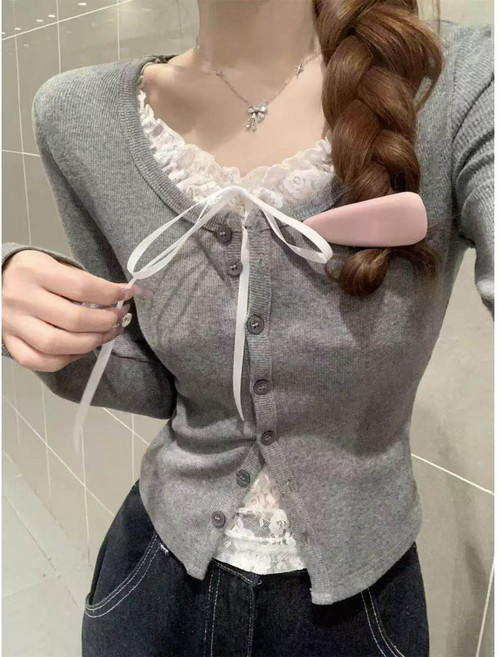 컷소우 레이디스 긴소매 레이스 전환 겹침 착풍 페이크 레이어드 어른 귀여운 리본 첨부 예쁜 슬림 리브 탑스 부드러운 신축성