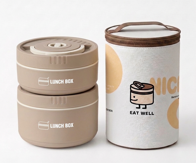 보온 도시락 런치 박스 가방 포함 분리 가능 세트, 1세트, 밀크브라운 2단