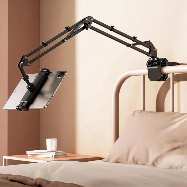 SOTCAR 침대형 태블릿 핸드폰 거치대 강화형 + 집게 고무패드 베이스 아이패드/갤럭시탭/삼성 갤럭시 핸드폰 거치대, 블랙, 1개, CT08