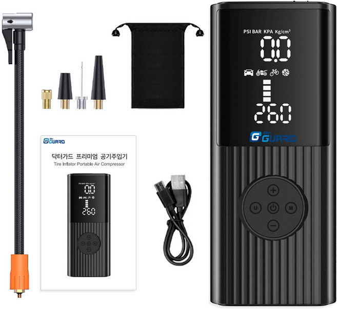 타이어 무선 공기주입기 6000mAh + 30cm연장선 전용파우치 세트, 1개