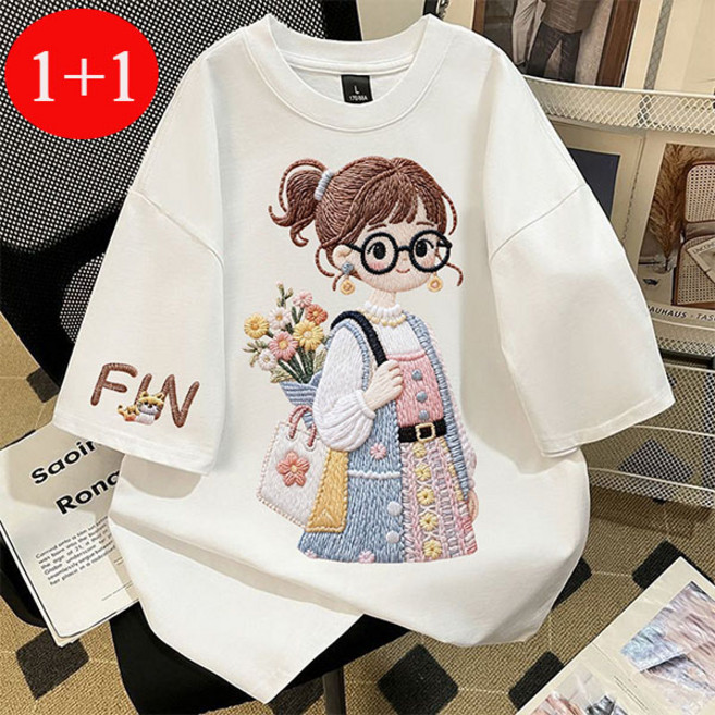 FINE ART 1+1 여자 자수 반팔티 캐릭터 롱티 오버핏 반팔 티셔츠 빅사이즈 라운드티 순면 상의 데일리