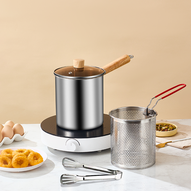 다용도 스테인리스 멀티팟 스텐 튀김냄비 캠핑용 스텐 편수 냄비세트 튀김바스켓 집게 포함, 1세트, 16cm
