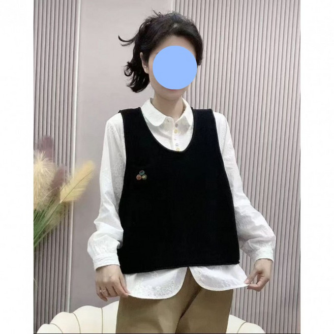 해피유통 여성 봄가을 면 브이넥 무소매 조끼 복고풍 포켓과 버튼 디자인bhf