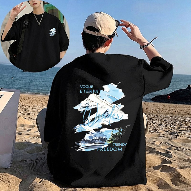 FONOW 반팔면티 순면 100% 남성 루즈핏 반팔 티셔츠 빅사이즈 패션 여성 편안한 통기 여름 캐주얼 라운드 티셔츠 대자연 풍경 양면 프린트 디자인 빅사이즈여성쇼핑몰