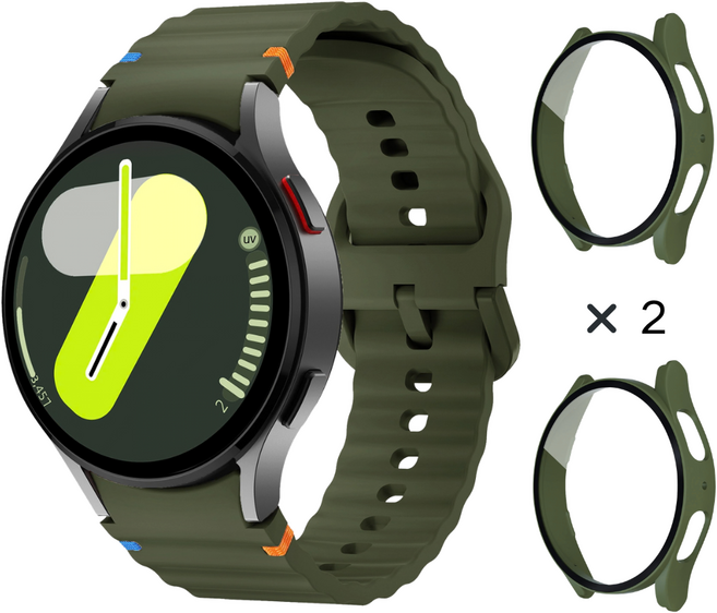 데일리피 갤럭시워치 호환 실리콘 컬러풀한 스티치 스트랩 8/7/6/6클래식/5/5프로/4/4클래식+PC 케이스 2개, 군녹색/그린