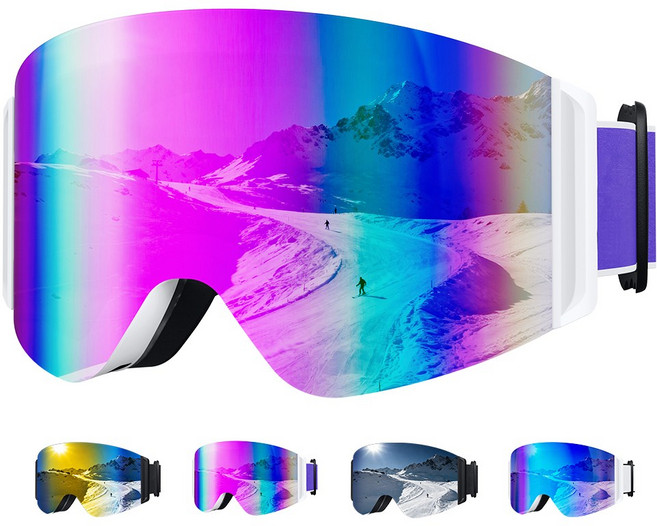 Moteur 스키 고글 김서림 방지 겨울 보드 방풍 스노우 선글라스 스키 안경 조절 벨트 스포츠 고글 남녀공용, 퍼플, 1개