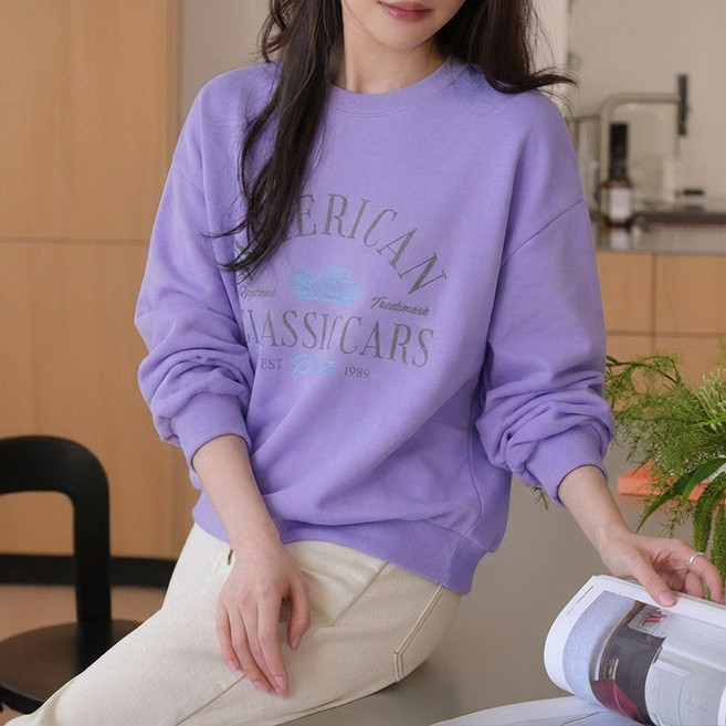 데일리앤 다이얼 오버핏 라운드넥 긴팔 빈티지 프린팅 맨투맨 여성 면 티셔츠