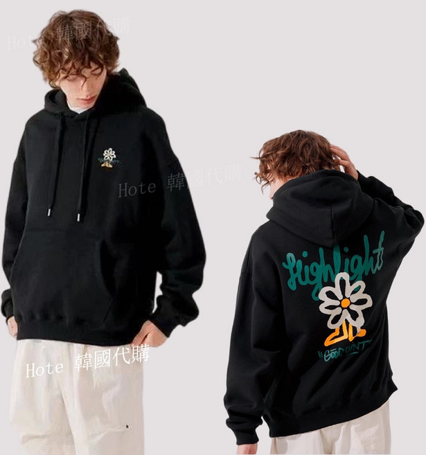 韓國TWN GOOD POINT 高磅刷毛帽T 手繪花朵 男女同款 柔軟舒適保暖 黑色M