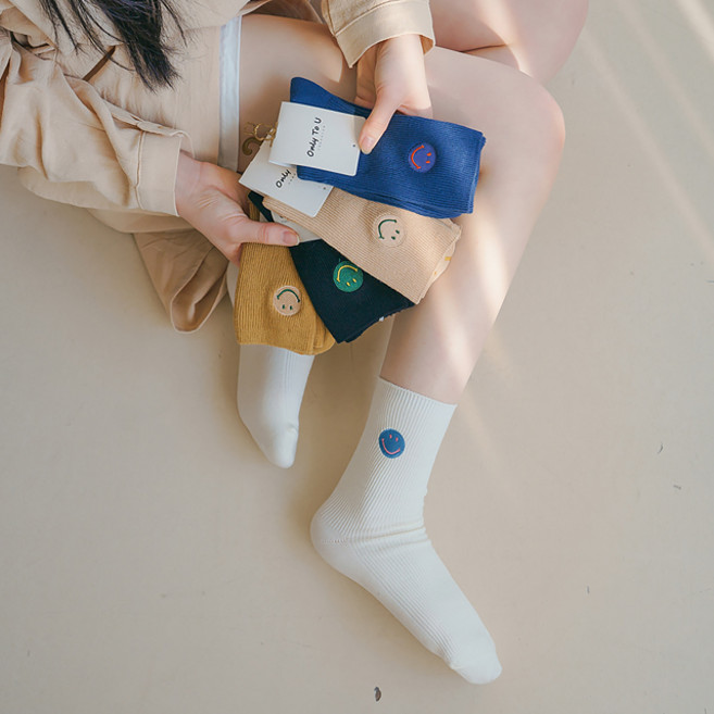 말랑마쥬 톡톡 스마일자수 사계절 면양말 5컬러세트