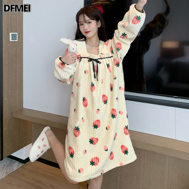 여성 플란넬 파자마 도톰 롱스커트 스위트 코랄 파자마