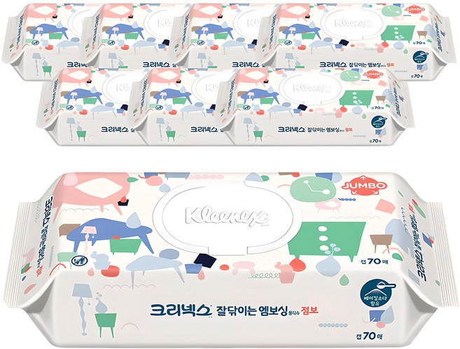 크리넥스 잘닦이는 엠보싱 점보 물티슈 캡형, 274g, 70매, 8개