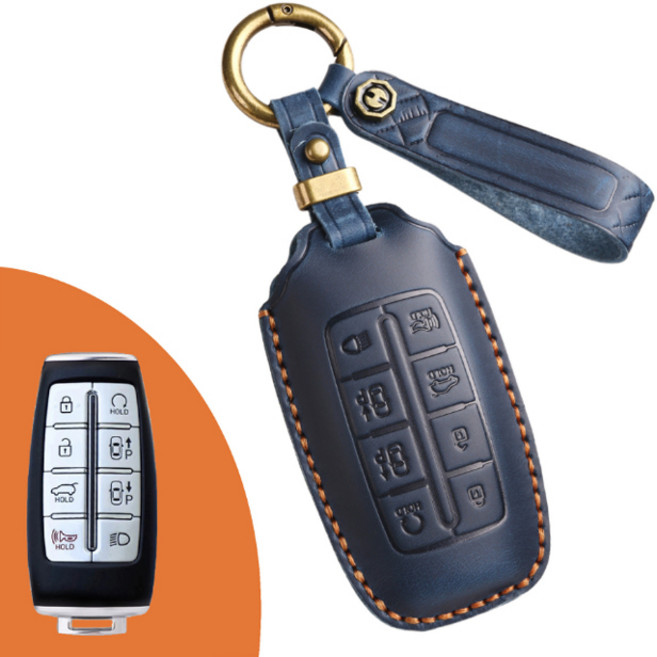 제네시스 빈티지 레더 리얼 핸드메이드 가죽 스마트 차 키 케이스 G GV 70 80 90 EQ900 DH, GN A 8 블루