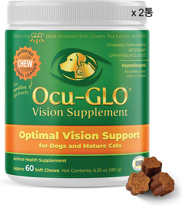 오큐클로 Ocu-GLO 고양이 눈영양제 강아지 눈영양제 60츄어블 X 2, 60정, 눈물개선/눈건강, 2개